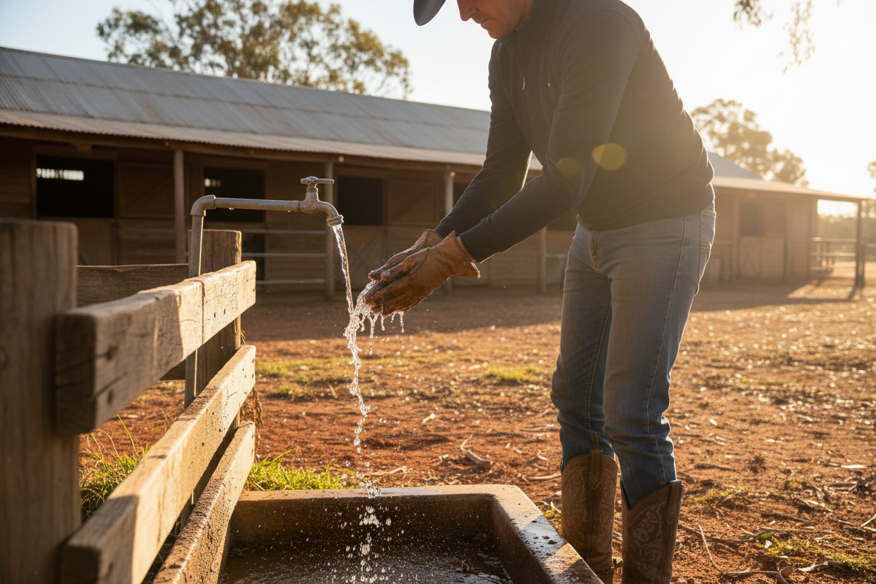 Western rider washing hands at stable wash bay