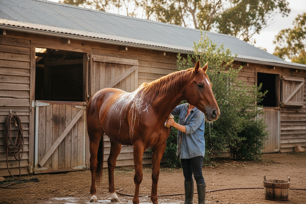 Horse being washed near stable with High Performance Equine Wash