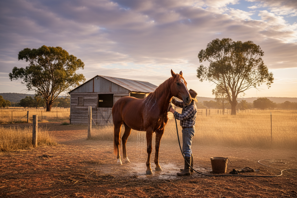 Handler in akubra washing horse at Australian rural property