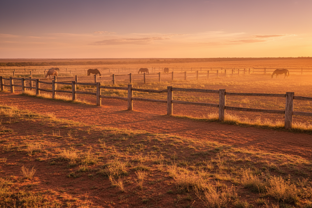 Wide golden sunset paddock with horses grazing at Australian rural station