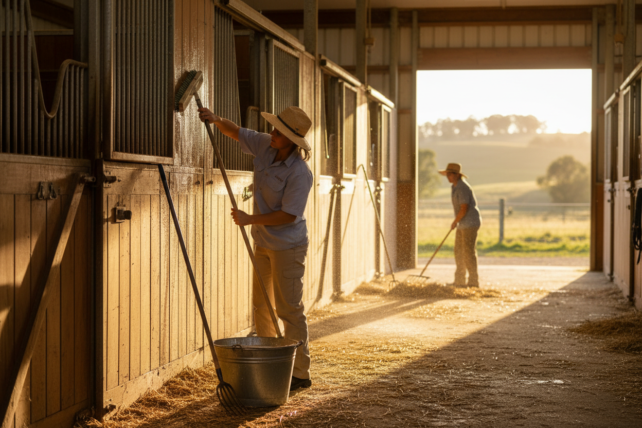Stable hand cleaning and disinfecting horse stable stall