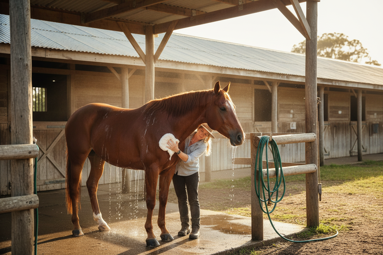 Horse being washed at stable wash bay