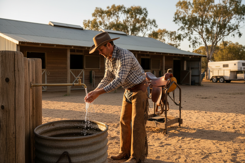 Western rider washing hands at stable wash bay